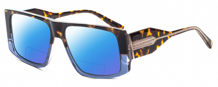 Profile View of Elton John LUCKY STAR 1 Designer Polarized Reading Sunglasses with Custom Cut Powered Blue Mirror Lenses in Tortoise Havana Brown Fade Stone Blue Crystal Unisex Square Full Rim Acetate 58 mm