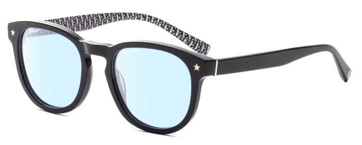 Profile View of Elton John SONATA Designer Blue Light Blocking Eyeglasses in Vinyl Black White E Pattern Unisex Panthos Full Rim Acetate 48 mm