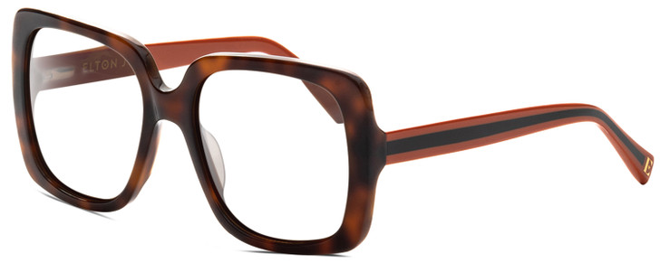 Profile View of Elton John SUPERSTAR Designer Reading Eye Glasses with Custom Cut Powered Lenses in Tortoise Havana Brown Orange Black Stripe Ladies Square Full Rim Acetate 55 mm