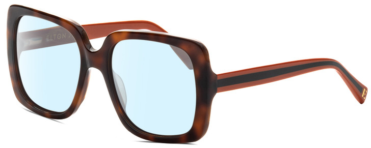 Profile View of Elton John SUPERSTAR Designer Blue Light Blocking Eyeglasses in Tortoise Havana Brown Orange Black Stripe Ladies Square Full Rim Acetate 55 mm