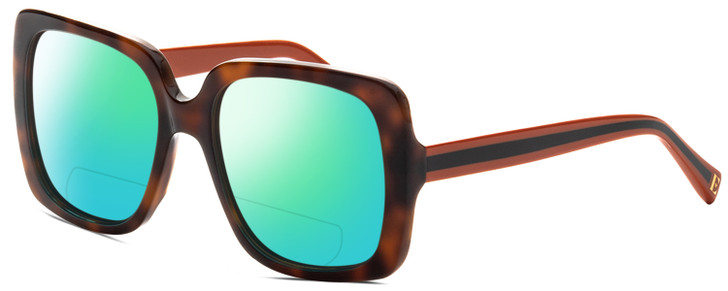 Profile View of Elton John SUPERSTAR Designer Polarized Reading Sunglasses with Custom Cut Powered Green Mirror Lenses in Tortoise Havana Brown Orange Black Stripe Ladies Square Full Rim Acetate 55 mm