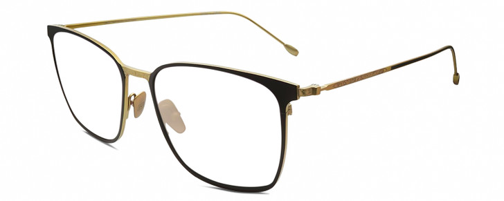 Profile View of John Varvatos V524 Designer Reading Eye Glasses with Custom Cut Powered Lenses in Matte Black Antique Gold Unisex Square Full Rim Metal 57 mm