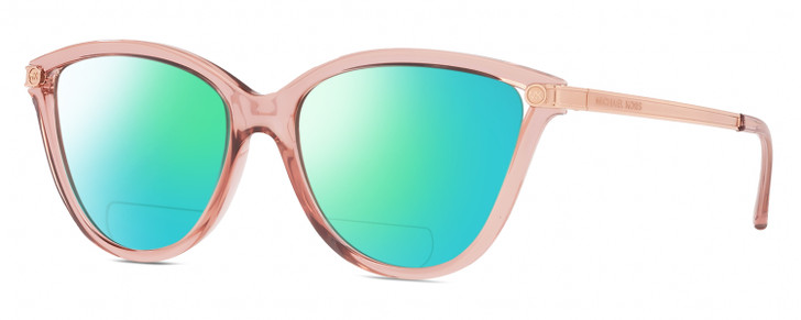 Profile View of Michael Kors MK2139U-3175-13 Designer Polarized Reading Sunglasses with Custom Cut Powered Green Mirror Lenses in Crystal Pink Rose Gold Ladies Cat Eye Full Rim Acetate 54 mm