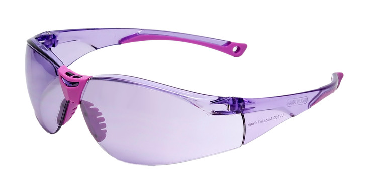 Profile View of Calabria Drop Shot Unisex Men's Women's Pickleball Sunglasses Protective Glasses in Purple Crystal Frame with Purple Lens