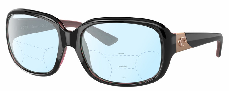 Profile View of Costa Del Mar Gannet Designer Progressive Lens Blue Light Blocking Eyeglasses in Shiny Black Rose Gold Hibiscus Pink Ladies Square Full Rim Acetate 58 mm