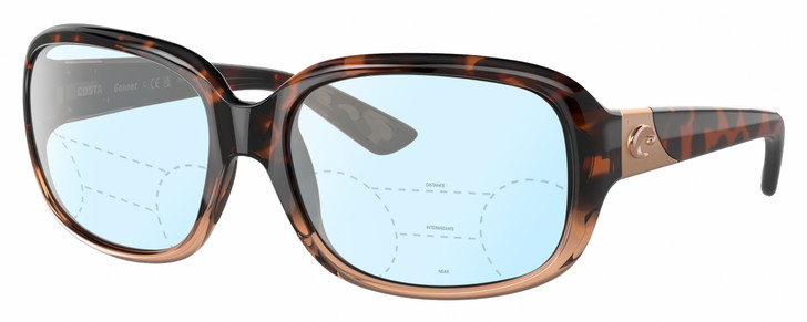 Profile View of Costa Del Mar Gannet Designer Progressive Lens Blue Light Blocking Eyeglasses in Shiny Tortoise Havana Fade Pink Crystal Rose Gold Ladies Square Full Rim Acetate 58 mm