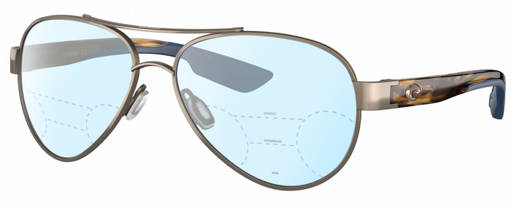 Profile View of Costa Del Mar Loreto Designer Progressive Lens Blue Light Blocking Eyeglasses in Golden Pearl Brown Tortoise Havana Crystal Blue Ladies Pilot Full Rim Metal 56 mm