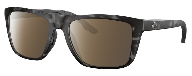 Profile View of Costa Del Mar Mainsail Designer Polarized Sunglasses with Custom Cut Amber Brown Lenses in Matte Gray Tiger Shark Unisex Rectangular Full Rim Acetate 55 mm
