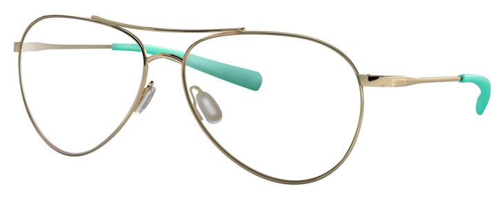 Profile View of Costa Del Mar Piper Designer Reading Eye Glasses in Shiny Gold Turquoise Unisex Pilot Full Rim Metal 58 mm