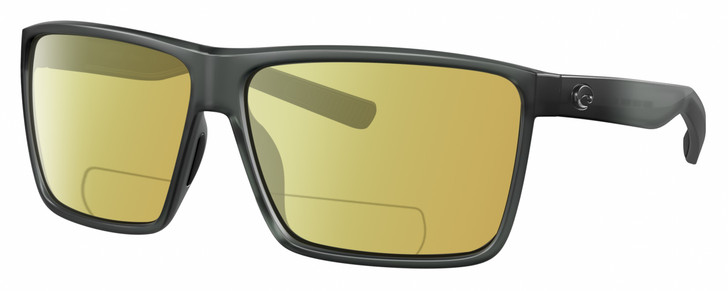 Profile View of Costa Del Mar Rincon Designer Polarized Reading Sunglasses with Custom Cut Powered Sun Flower Yellow Lenses in Matte Smoke Gray Crystal Unisex Square Full Rim Acetate 63 mm