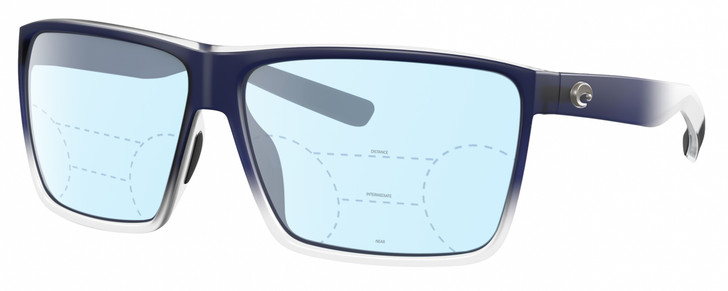 Profile View of Costa Del Mar Rincon Designer Progressive Lens Blue Light Blocking Eyeglasses in Matte Denim Blue Clear Crystal Fade Unisex Square Full Rim Acetate 63 mm