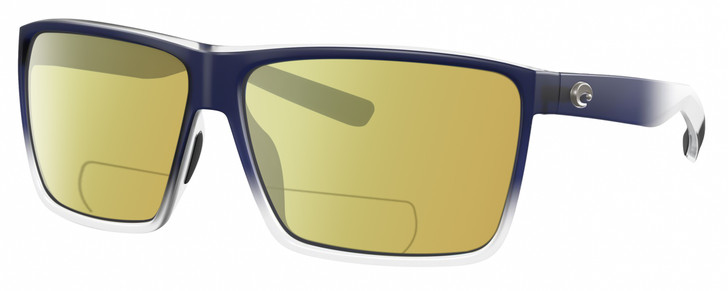 Profile View of Costa Del Mar Rincon Designer Polarized Reading Sunglasses with Custom Cut Powered Sun Flower Yellow Lenses in Matte Denim Blue Clear Crystal Fade Unisex Square Full Rim Acetate 63 mm