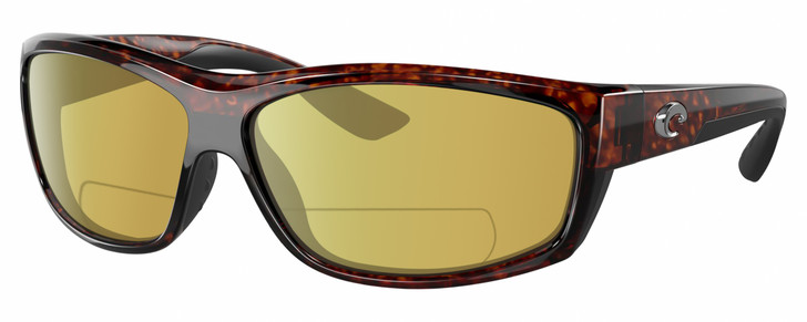 Profile View of Costa Del Mar Salt Break Designer Polarized Reading Sunglasses with Custom Cut Powered Sun Flower Yellow Lenses in Amber Brown Tortoise Havana Black Unisex Rectangular Full Rim Acetate 65 mm