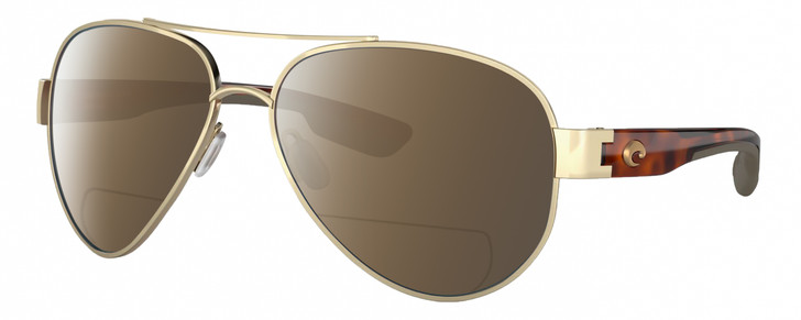 Profile View of Costa Del Mar South Point Designer Polarized Reading Sunglasses with Custom Cut Powered Amber Brown Lenses in Brushed Gold Brown Tortoise Havana Unisex Pilot Full Rim Metal 59 mm