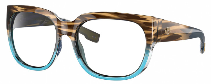 Profile View of Costa Del Mar Waterwoman II Designer Single Vision Prescription Rx Eyeglasses in Shiny Brown Beige Blue Clear Crystal Wahoo Ladies Cat Eye Full Rim Acetate 58 mm