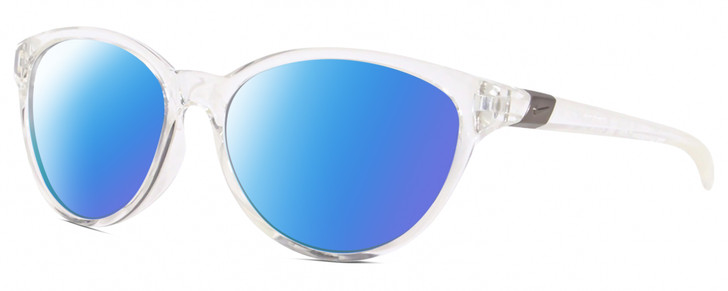 Profile View of NIKE CITY PERSONA DJ Designer Polarized Sunglasses with Custom Cut Blue Mirror Lenses in Clear Crystal Shiny Gunmetal Unisex Oval Full Rim Acetate 57 mm
