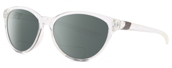 Profile View of NIKE CITY PERSONA DJ Designer Polarized Reading Sunglasses with Custom Cut Powered Smoke Grey Lenses in Clear Crystal Shiny Gunmetal Unisex Oval Full Rim Acetate 57 mm