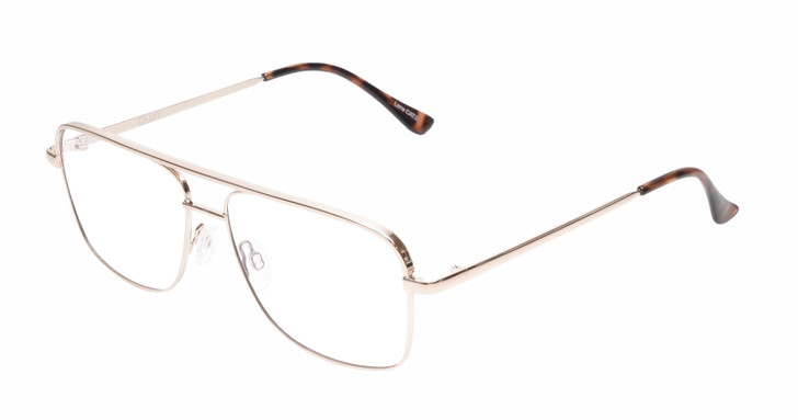Profile View of QUAY Australia Poster Boy Mini Designer Progressive Lens Blue Light Blocking Eyeglasses in Shiny Gold Brown Tortoise Havana Unisex Pilot Full Rim Metal 57 mm