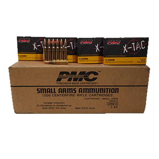 PMC 5.56 X-TAC NATO 55Gr FMJ Boat Tail (FMJBT) centerfire rifle ammunition.  X-TAC is the choice for enthusiast and professionals.