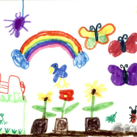 Elementary student drawing of flowers and butterflies