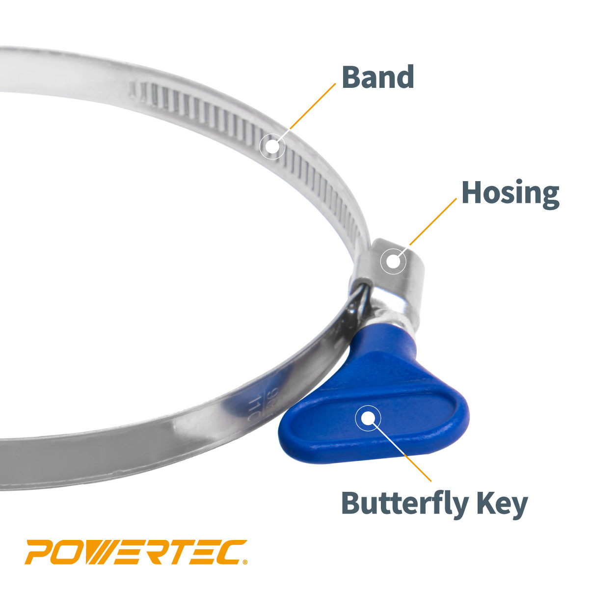 POWERTEC 10PK 4 Inch Right Hand Keyed Bridge Hose Clamp, Thumb Screw Key Adjustable Stainless Steel Hose Clamps for Dust Collection, Dust Collector and Dryer Vent Hose, 70225-P2