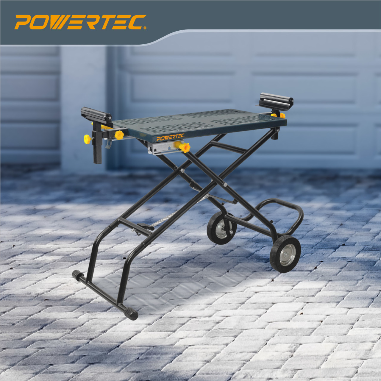 POWERTEC MT4000V Folding Miter Saw Stand with 8-Inch Wheels and 110V Power Outlets, Universal Quick-Release Brackets - 1