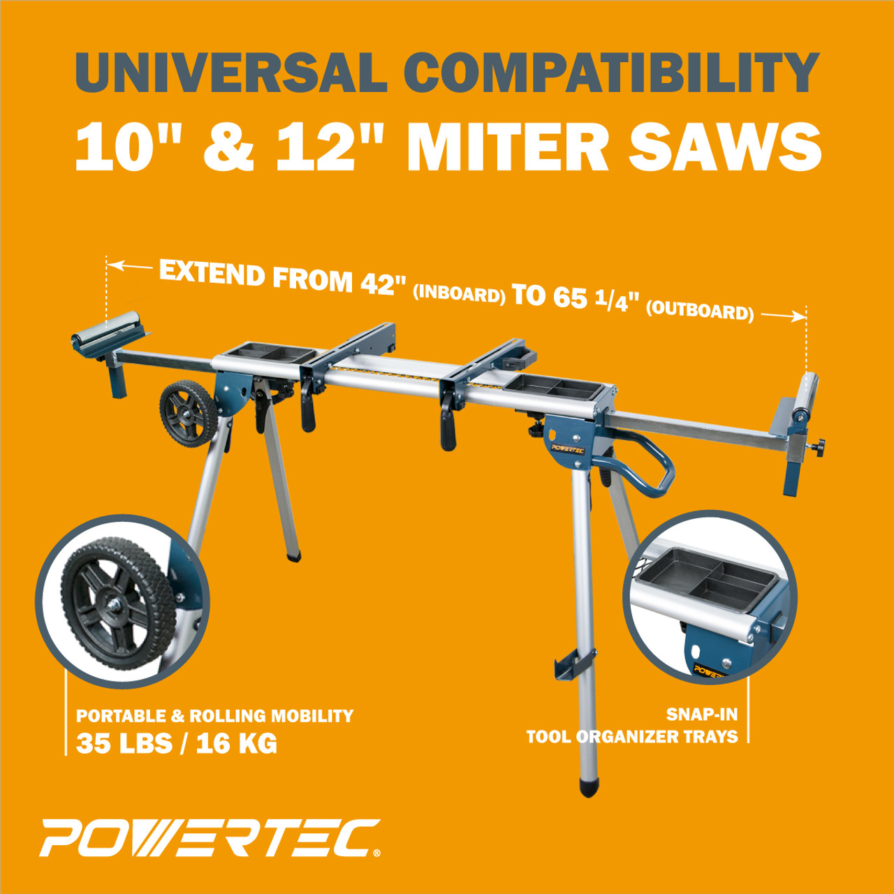 POWERTEC-Deluxe Rolling Miter Saw Stand with Trays weight capacity of 330  lbs, POWERTEC Saw Stands, Woodwork Tools  Accessories