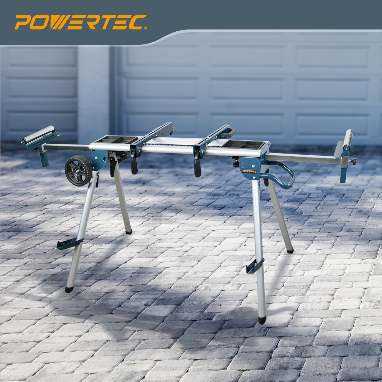 POWERTEC-Deluxe Rolling Miter Saw Stand with Trays weight capacity of 330  lbs, POWERTEC Saw Stands, Woodwork Tools  Accessories