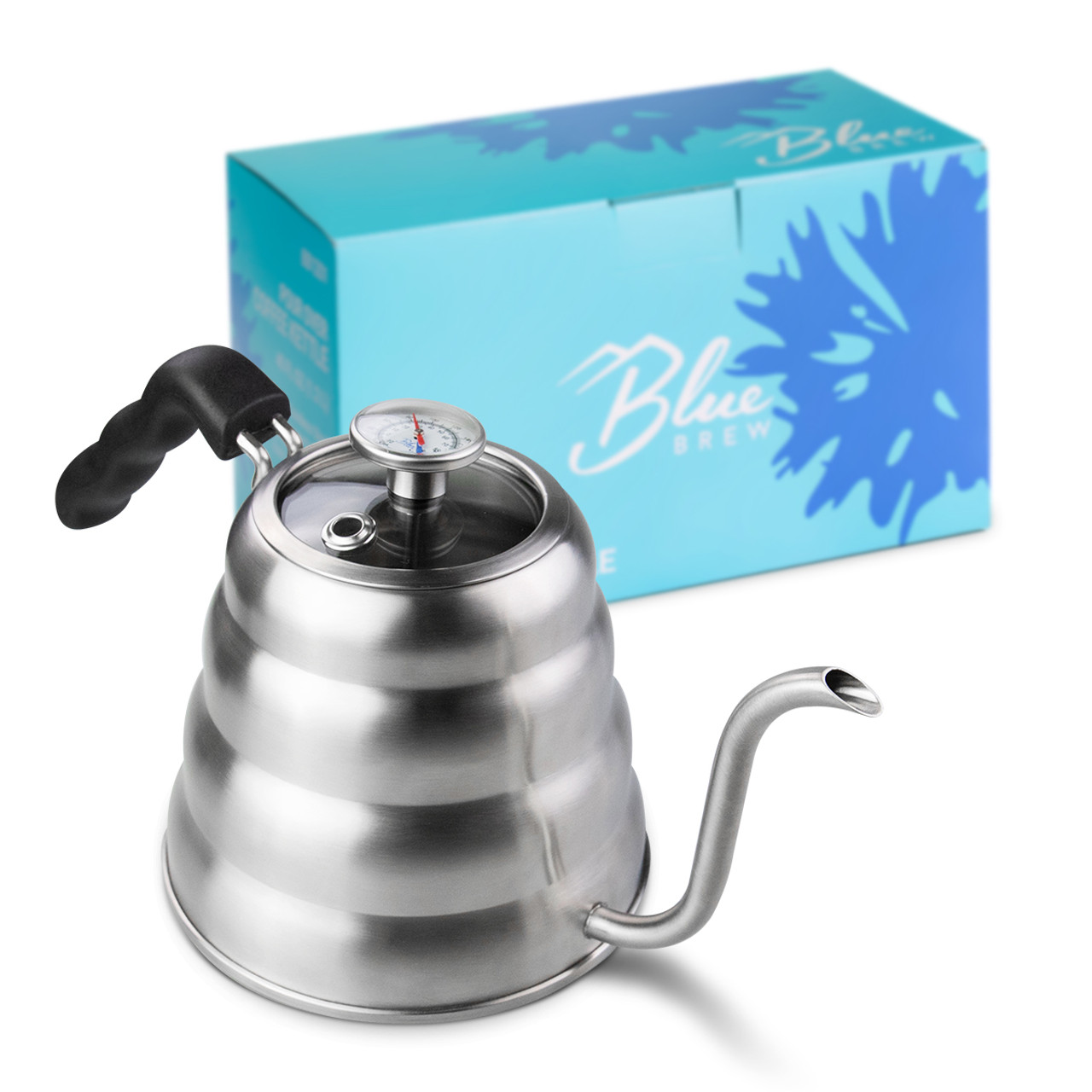 Blue Brew-Pour Over Kettle with Thermometer and Glass Lid Top, Gooseneck -  40fl