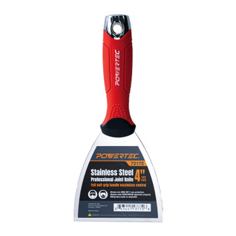 POWERTEC 4-Inch Stainless Steel Drywall Joint Knife - Flexible Blade, Soft Grip, for Patching, Taping, Scraping (72172)