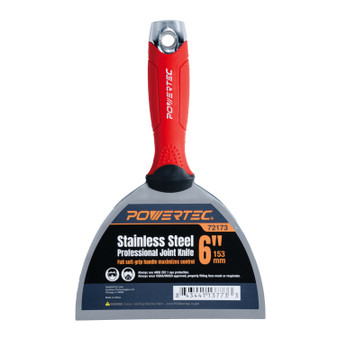 POWERTEC 6-Inch Stainless Steel Drywall Joint Knife - Flexible Blade, Soft Grip, for Patching, Taping, Scraping (72173)