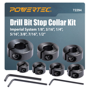 POWERTEC Drill Bit Stop Collar Set, 7 Piece Set Adjustable Drill Bit Depth Stopper with Allen Wrench, Bits Stop with Imperial System Size Markings - 1/8", 3/16", 1/4", 5/16", 3/8", 7/16", 1/2” (72294)