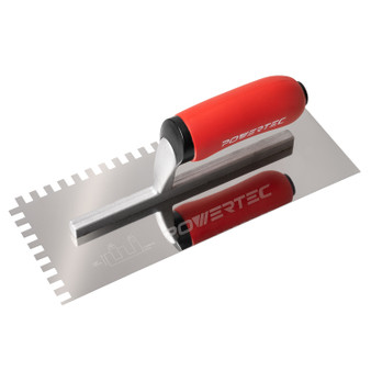 POWERTEC Stainless Steel Trowel with 1/4" x 3/8" Square Notch, Soft Grip Handle for Cement, Concrete, Masonry Tile Installation Work (72181)