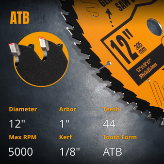 POWERTEC 12" Table Saw and Miter Saw Blade, 1" Arbor, 1/8" Kerf, 44-Tooth Carbide-Tipped Blade for General Purpose Cutting on Wood, Plywood, Melamine & Laminate (14028) POWERTEC 12" Table Saw and Miter Saw Blade, 1" Arbor, 1/8" Kerf, 44-Tooth Carbide-Tipped Blade for General Purpose Cutting on Wood, Plywood, Melamine & Laminate (14028)