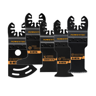 POWERTEC Oscillating Tool Blade 5pc Set – Bi-Metal & Carbide Multitool Blades for Cutting Wood, Metal, Nail-Embedded Wood, Drywall, Cement Board and Plastic (14500) 02
