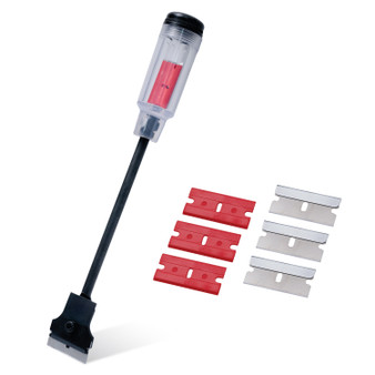 POWERTEC Long Handle Razor Blade Scraper, 11-Inch Extension Scraper with Built-In Blade Storage, Includes 3 Dual-Edged Plastic Blades & 3 Metal Blades for Stickers, Paint, and Adhesive Removal (72301) 01