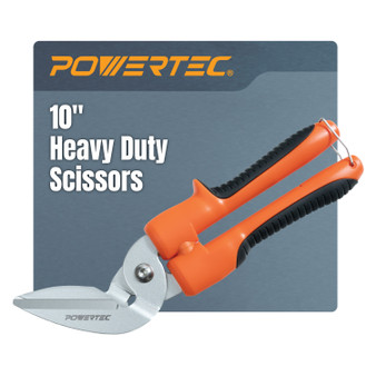 POWERTEC 10" Heavy Duty Scissors – Long-Blade Cutter with Curved Serrated Edge, Multipurpose Industrial Shears for Carpet, Cardboard, Leather, Upholstery, Fabric, Gardening & DIY (72396) 01