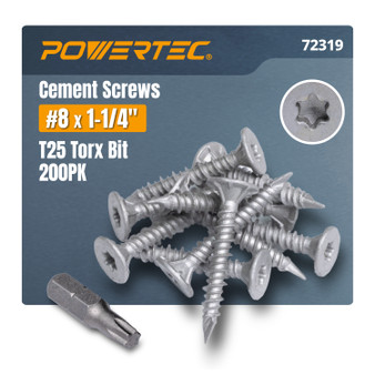POWERTEC Cement Screws #8 x 1-1/4″, Ruspert Coated Concrete Screws with T25 Torx Star Drive Bit – High-Low Thread Masonry Screws for Cement Board, Concrete & Brick, 200-Pack (72319) 01