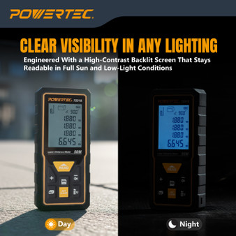 POWERTEC Laser Measure 165 ft (50 m) Digital Distance Meter with Angle Sensor, Backlit LCD, Area/Volume/Pythagorean Modes, Continuous Measurement, Memory, Batteries Included (72316) 01