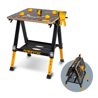 POWERTEC 2-in-1 Folding Work Table & Sawhorse – 1000 lb Capacity Portable Workbench with 8-Level Height Adjustment, Clamps, Bench Dogs & Expandable Support Platform (UT1015)-11