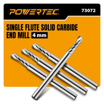 POWERTEC CNC Single Flute Solid Carbide End Mill, 4-Pack, 4mm Cutting Diameter, 12mm Cut Length, 4mm Shank, Uncoated Up-Cut Router Bits for Aluminum, Copper, Plastics, Wood & Composite Panels (73072) 01