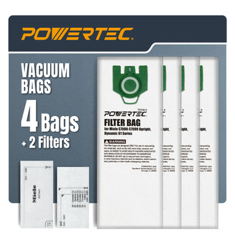 POWERTEC Type U 3D Airclean Vacuum Bags for Miele, 4 Pack Bags & 2 Filters, Replacement Filter Bags for Miele S7000-S7999 Upright and Dynamic U1 Series Vacuums (75144)  01