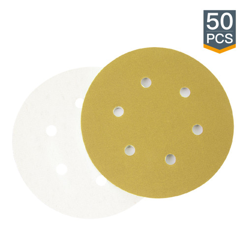 Gold Hook & Loop Sanding Discs 6" 6 Hole -50 Pack,  60,80,120,150,220,320 Grit | POWERTEC Woodwork Sand, Abrasive Tools & Accessories Wholesaler01