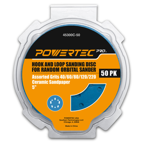 POWERTEC 50PK, 5 Inch Sanding Discs Hook and Loop, 40/60/80/120/220 Grit, Ceramic Orbital Sander Sandpaper for 5 & 8 Hole Random Orbital Sanders - Automotive, Paint, Metal, Woodworking (45300C-50)