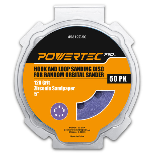 POWERTEC 50PK, 5 Inch Sanding Discs Hook and Loop, 120 Grit, Zicronia Orbital Sander Sandpaper for 5 & 8 Hole Random Orbital Sanders - Automotive, Paint, Metal, Woodworking (45312Z-50)
