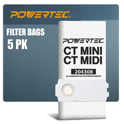 POWERTEC Shop Vacuum Bags 10PK for Festool CT MINI, CT MIDI (from 2019 onwards), CT15, CTC MINI/MIDI Dust Extractor, Replacement Fleece Filter Bags for Festool 204308 Shop Vacuum Dust Collection Bags