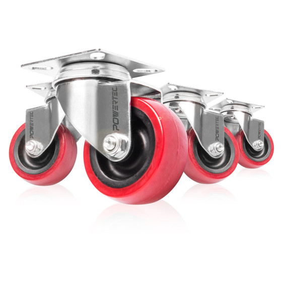 17212 Swivel PU Plate Casters, 2", Red, 4 PK - POWERTEC Woodworking Tools & Accessories