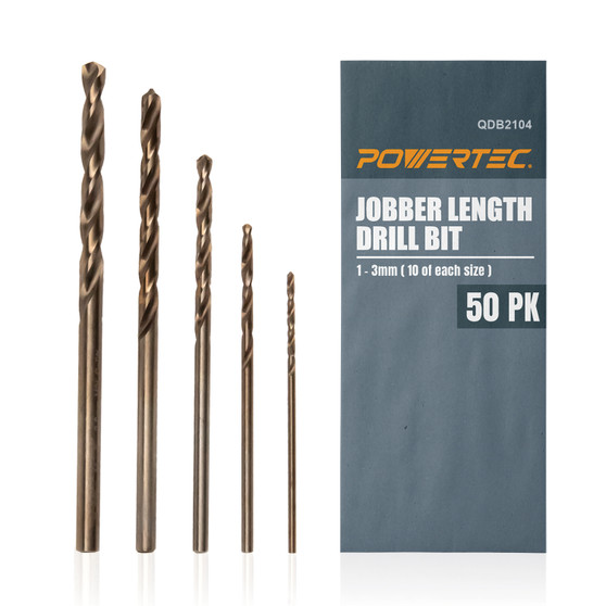 QDB2104 Cobalt 135-Degree Jobber Length Drill Bits, 50 PK, 1.0x10/1.5x10/2.0x10/2.5x10/3x10 - POWERTEC Woodworking Tools & Accessories