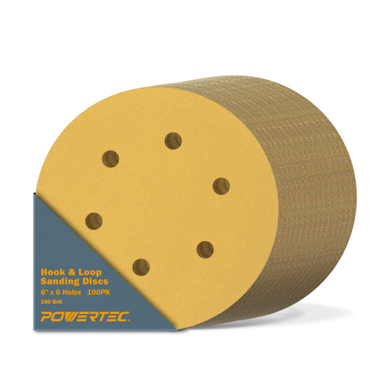 45215G-50-P2 6" 6 Hole 150 Grit Hook and Loop Sanding Discs, Gold, 100PK