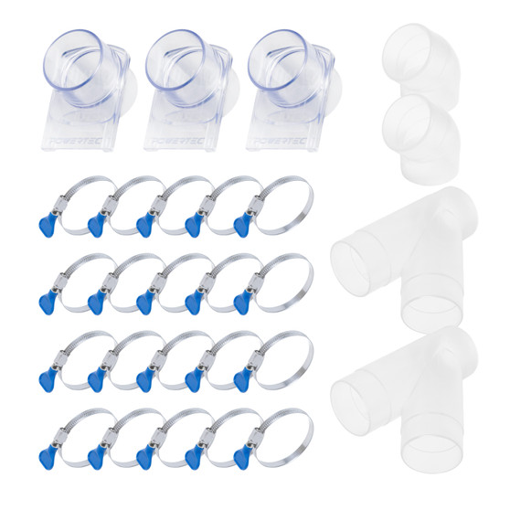 POWERTEC 2-1/2 Inch Dust Collection Fittings Kit with Clear Connectors, Blast Gates and Stainless Steel Hose Clamps for 3 Machine Setup, Dust Collection System for Dust Collection Hose (70374)-01